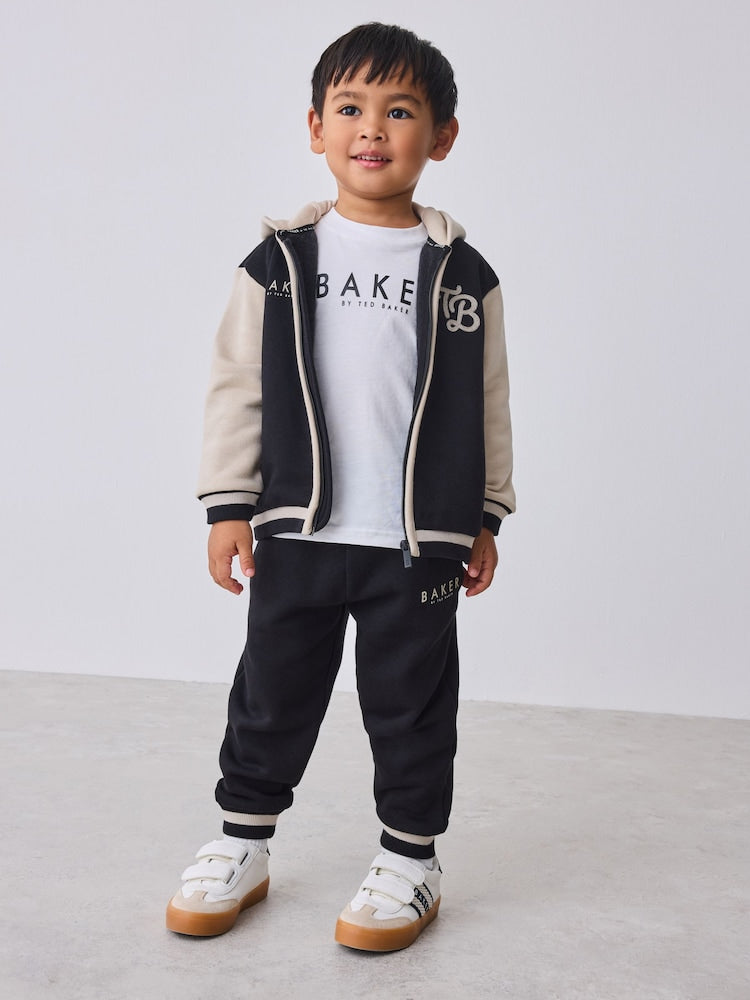 Baker by Ted Baker Black/Ecru 3 Piece Varsity Hoodie T-Shirt and Joggers Set