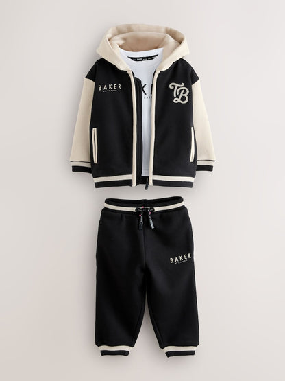 Baker by Ted Baker Black/Ecru 3 Piece Varsity Hoodie T-Shirt and Joggers Set