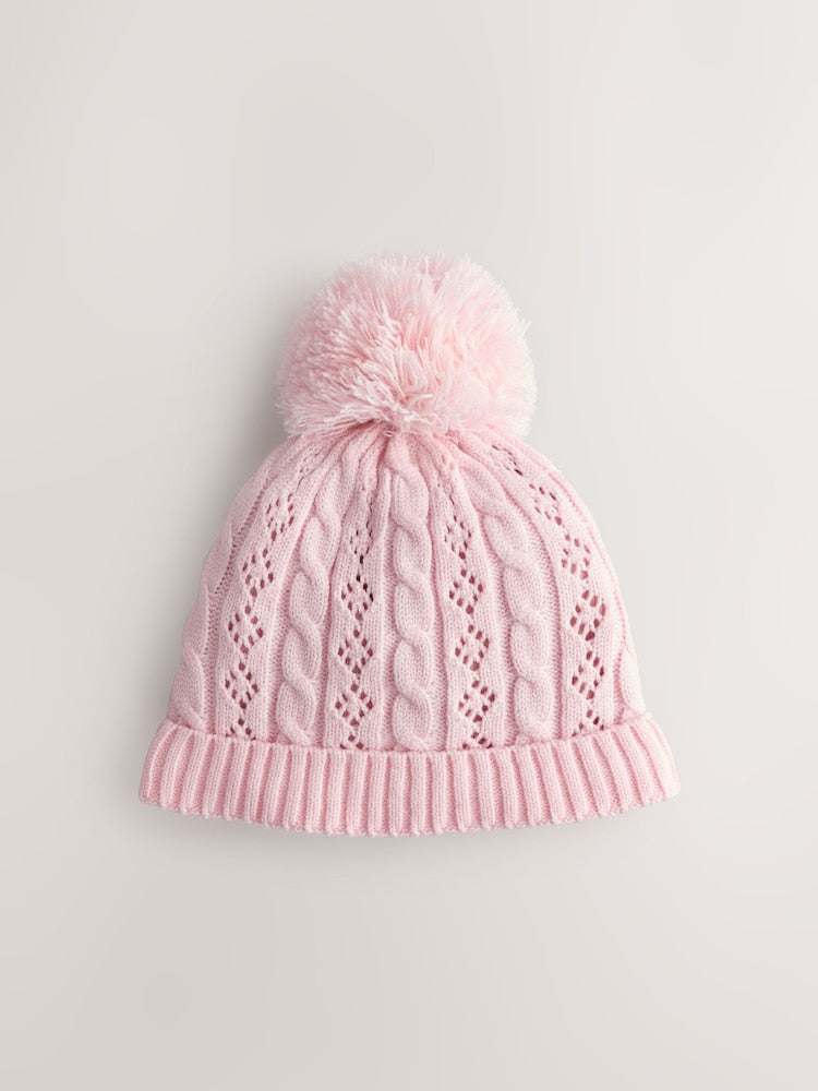 Pink Pointelle Cable Knitted Pom Hat (0mths-2yrs) - Up To 3 Months (50 - 62cm)