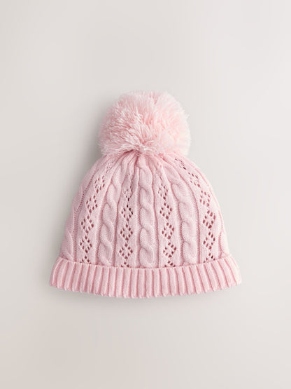 Pink Pointelle Cable Knitted Pom Hat (0mths-2yrs) - Up To 3 Months (50 - 62cm)