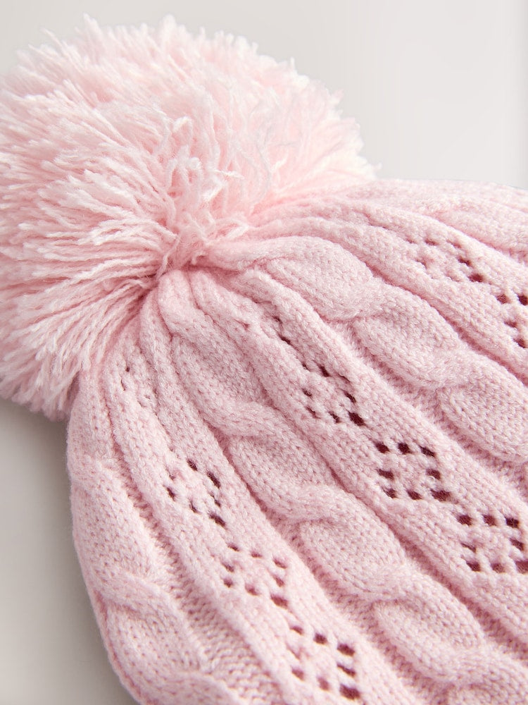 Pink Pointelle Cable Knitted Pom Hat (0mths-2yrs)