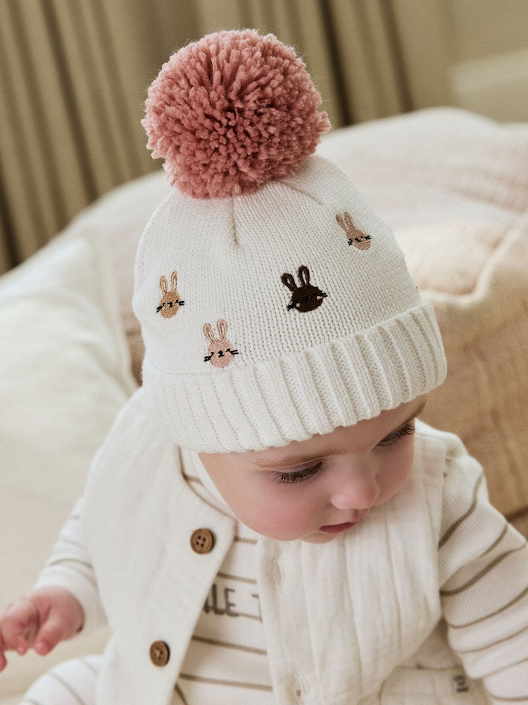 Pink/Cream Embroidered Bunny Character Pom Knitted Hat (0mths-2yrs) - Up To 3 Months (50 - 62cm)
