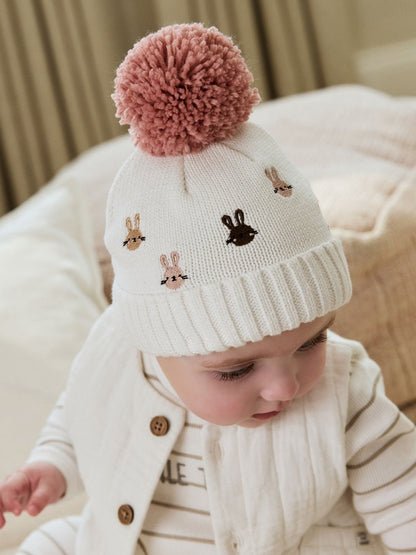 Pink/Cream Embroidered Bunny Character Pom Knitted Hat (0mths-2yrs) - Up To 3 Months (50 - 62cm)