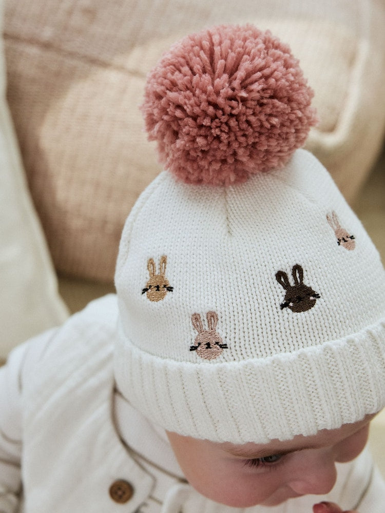 Pink/Cream Embroidered Bunny Character Pom Knitted Hat (0mths-2yrs)
