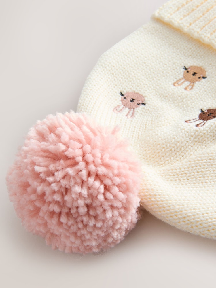 Pink/Cream Embroidered Bunny Character Pom Knitted Hat (0mths-2yrs)