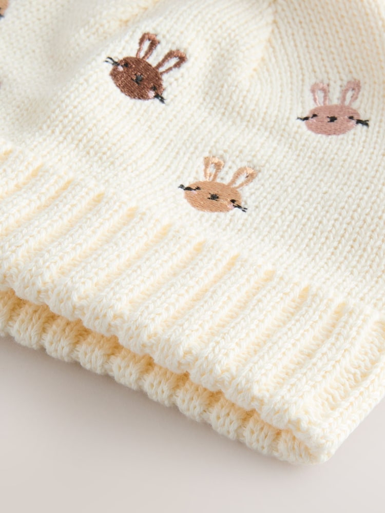 Pink/Cream Embroidered Bunny Character Pom Knitted Hat (0mths-2yrs)