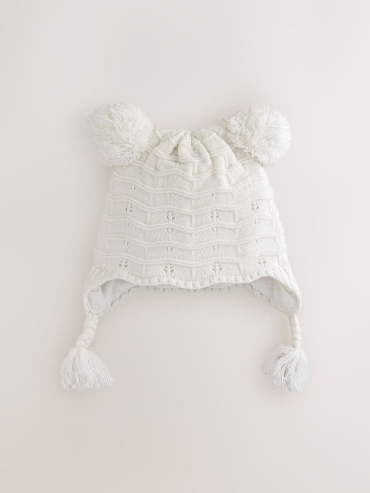 White Knitted Baby Pointelle Double Pom Trapper Hat (0mths-2yrs) - White Knitted / Up To 3 Months (50 - 62cm)