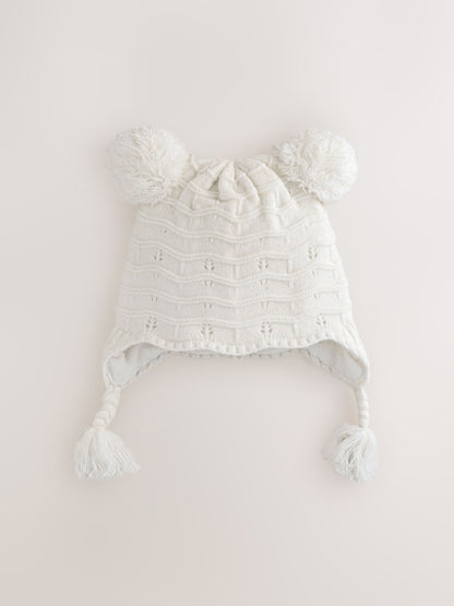White Knitted Baby Pointelle Double Pom Trapper Hat (0mths-2yrs) - White Knitted / Up To 3 Months (50 - 62cm)