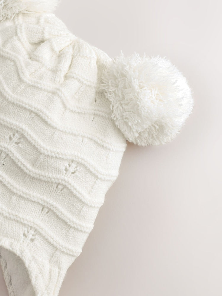 White Knitted Baby Pointelle Double Pom Trapper Hat (0mths-2yrs)