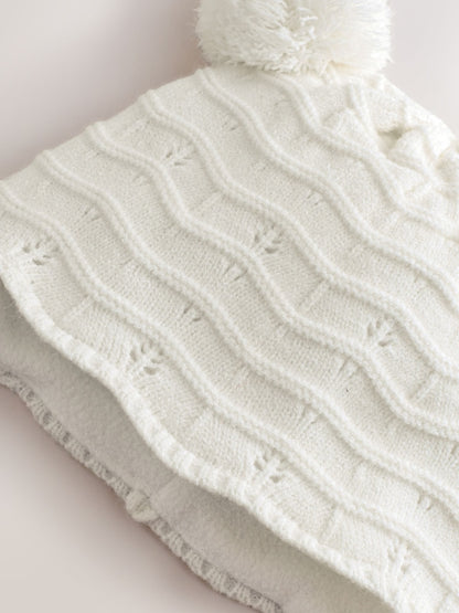 White Knitted Baby Pointelle Double Pom Trapper Hat (0mths-2yrs)