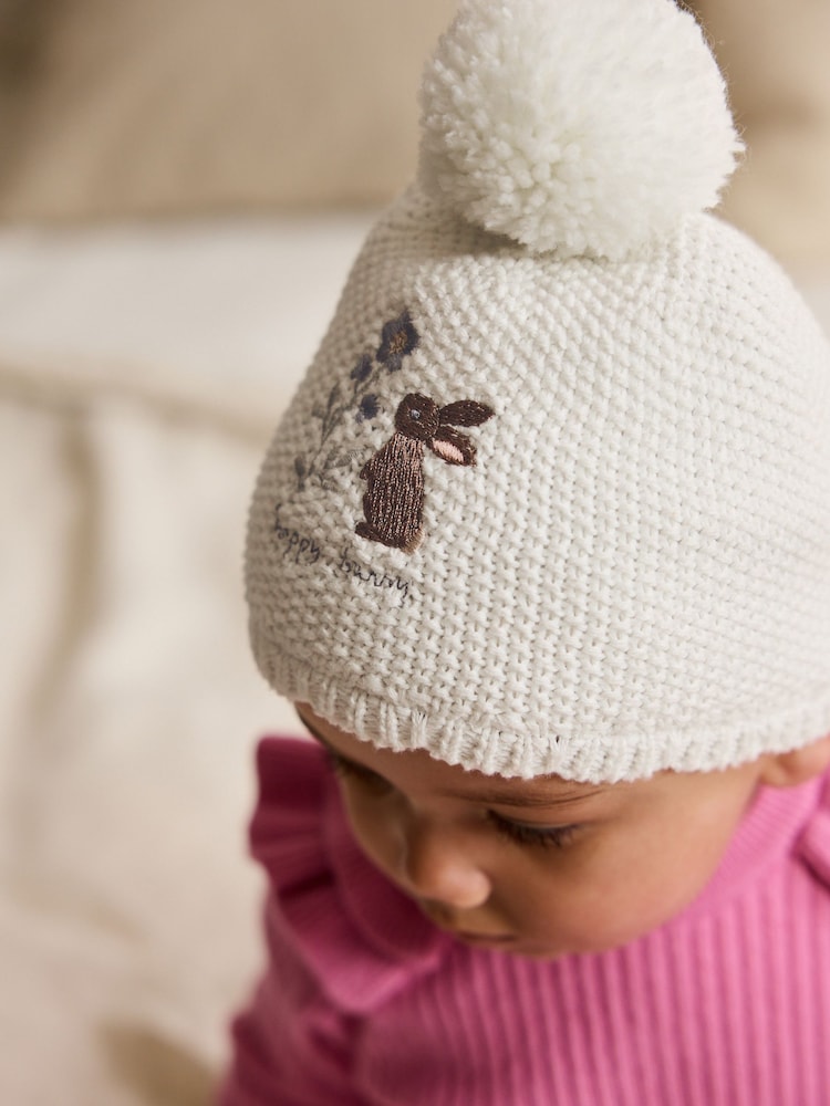 Cream Baby Embroidered Bunny Character Hat (0mths-2yrs)