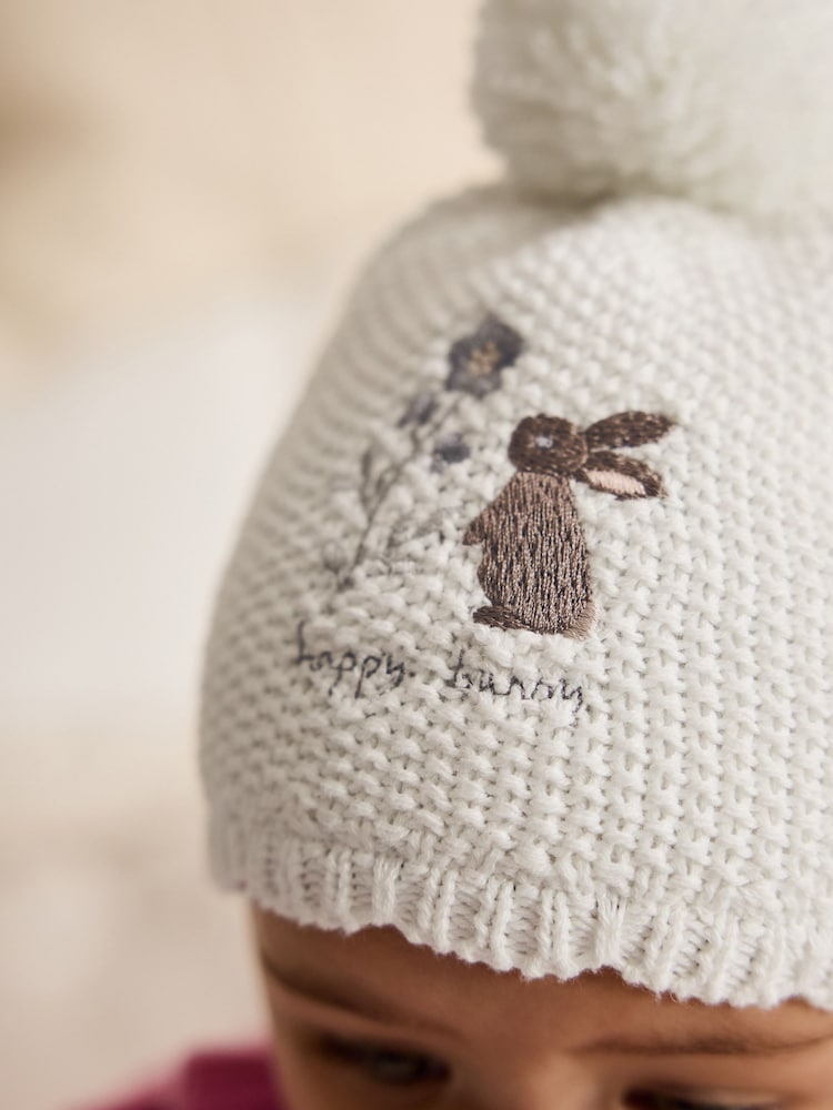 Cream Baby Embroidered Bunny Character Hat (0mths-2yrs)