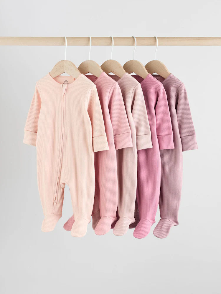Pink 5 Pack Two Way Zip Baby Sleepsuits (0-2yrs)