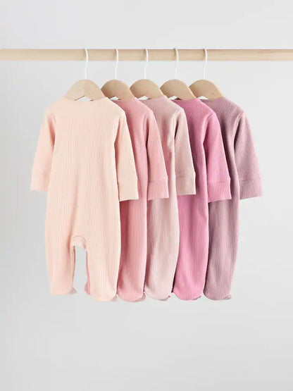 Pink 5 Pack Two Way Zip Baby Sleepsuits (0-2yrs)
