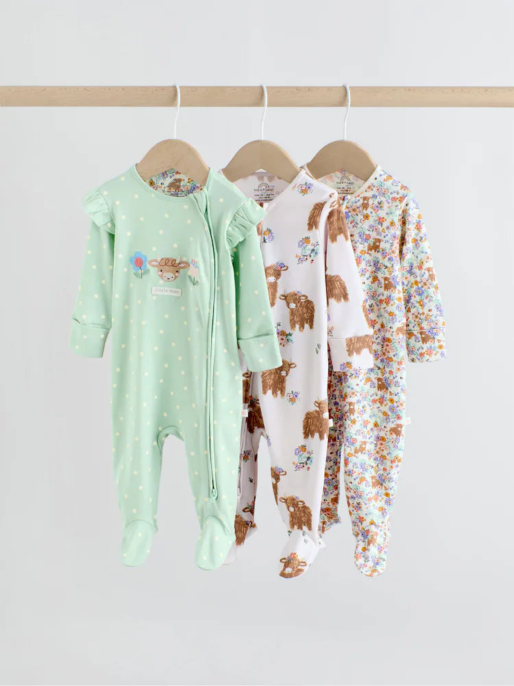 Sage Green Two Way Zip Sleepsuits 3 Pack (0mths-2yrs)
