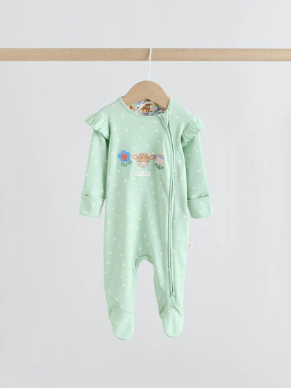 Sage Green Two Way Zip Sleepsuits 3 Pack (0mths-2yrs)