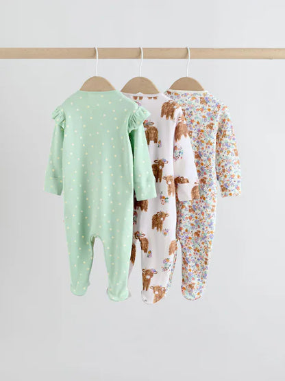 Sage Green Two Way Zip Sleepsuits 3 Pack (0mths-2yrs)