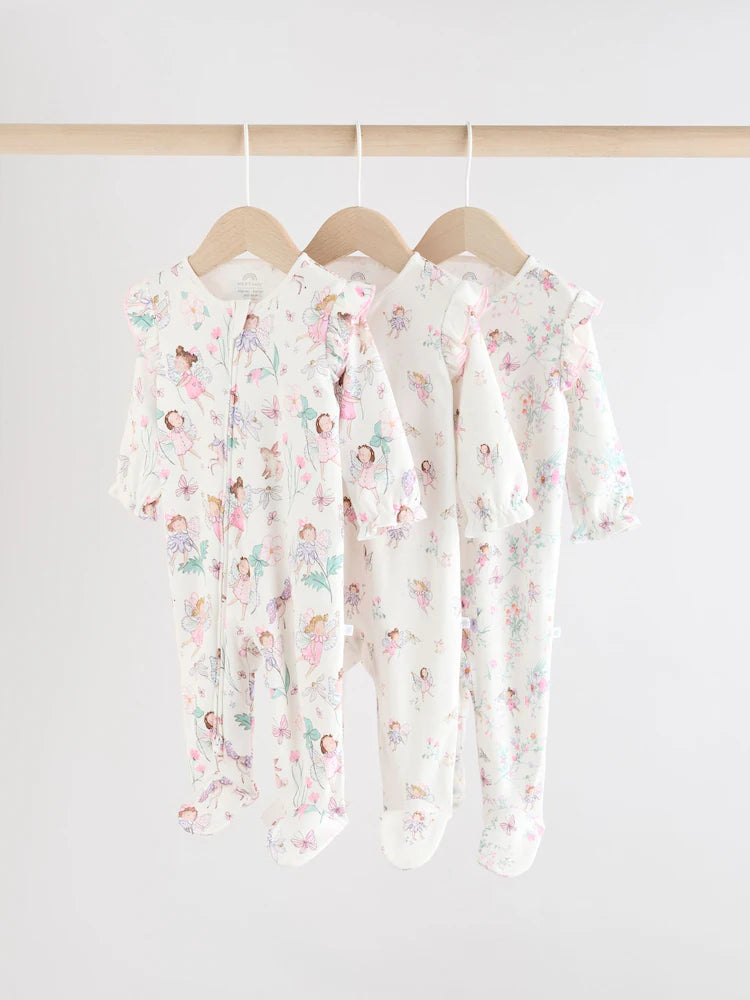 Ecru Fairy Two Way Zip Baby Sleepsuits 3 Pack (0-2yrs)