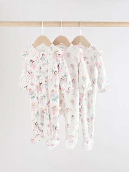 Ecru Fairy Two Way Zip Baby Sleepsuits 3 Pack (0-2yrs)