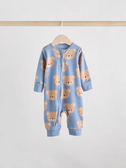 Brown/Navy 3 pack Baby Two Way Zip Footless Cotton Sleepsuits (0mths-3yrs)