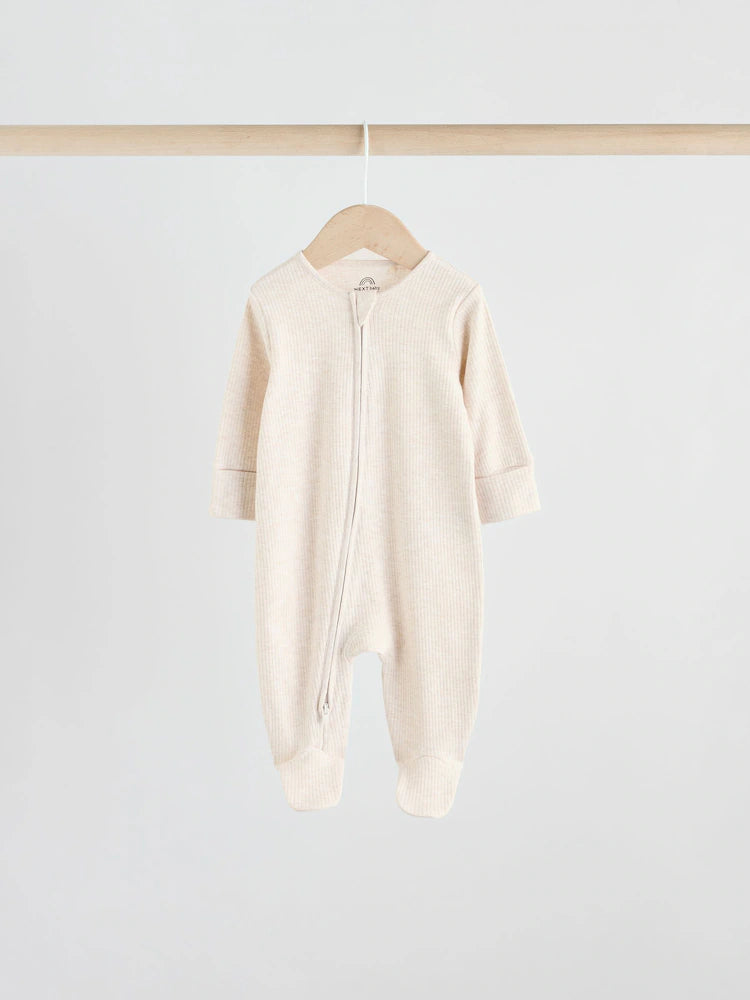 Neutral 5 Pack Two Way Zip Footed Baby Sleepsuits (0-2yrs)