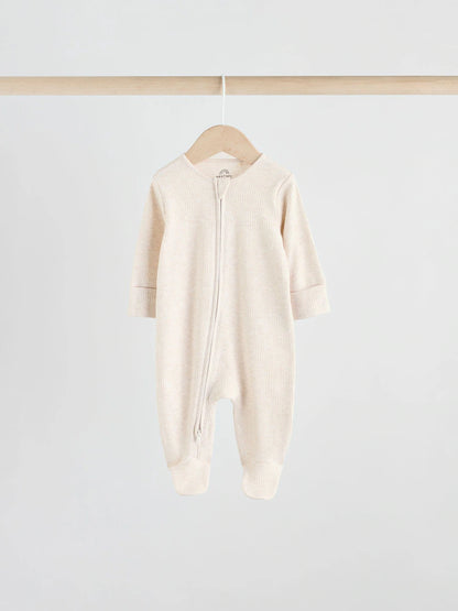 Neutral 5 Pack Two Way Zip Footed Baby Sleepsuits (0-2yrs)