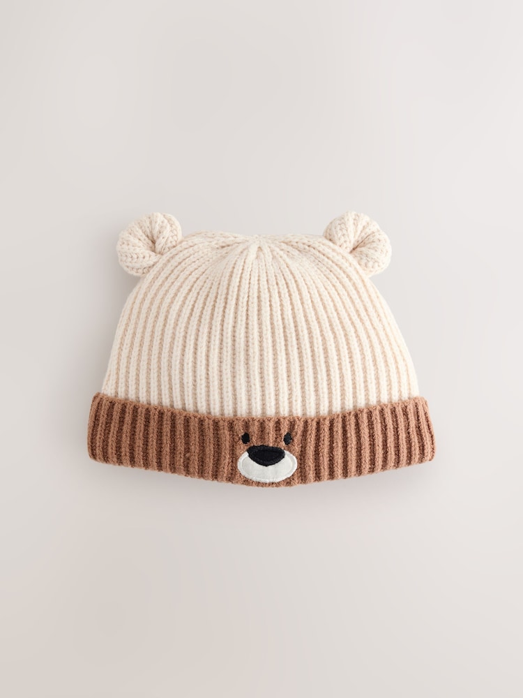 Image 37: Brown Bear Face Ribbed Baby Beanie Hat - Image 2 of 4
