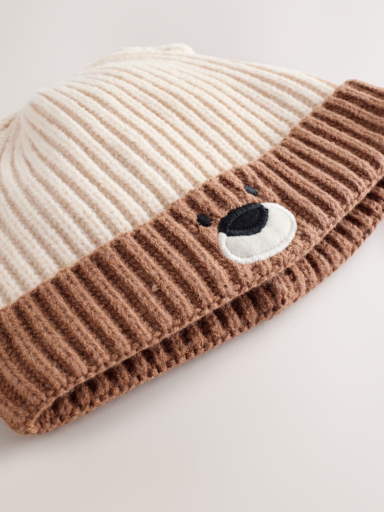 Image 38: Brown Bear Face Ribbed Baby Beanie Hat - Image 3 of 4