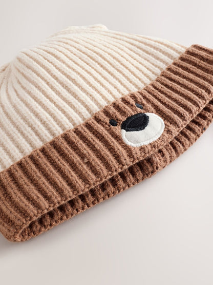 Image 38: Brown Bear Face Ribbed Baby Beanie Hat - Image 3 of 4