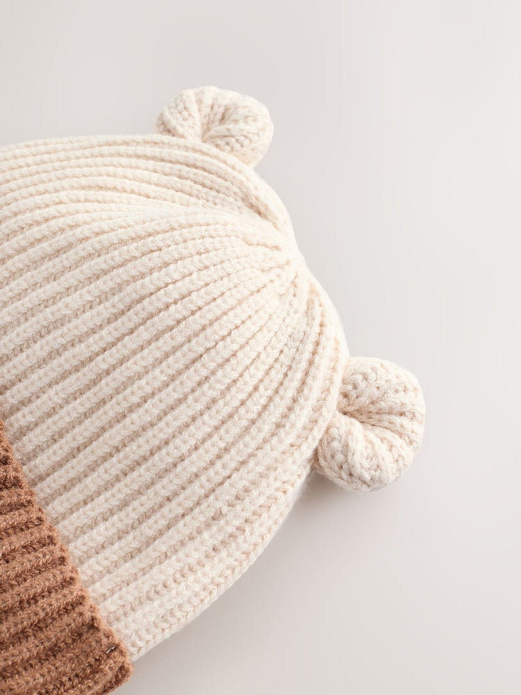 Image 39: Brown Bear Face Ribbed Baby Beanie Hat - Image 4 of 4