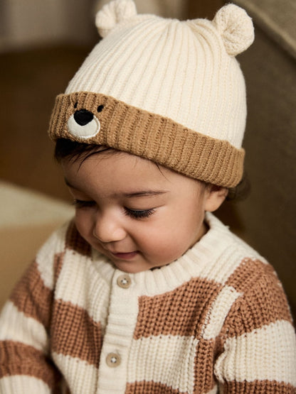 Image 36: Brown Bear Face Ribbed Baby Beanie Hat - Image 1 of 4