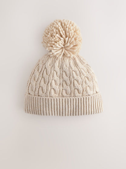 Cream Knitted Cable Pom Beanie - Size 50cm (First Size)