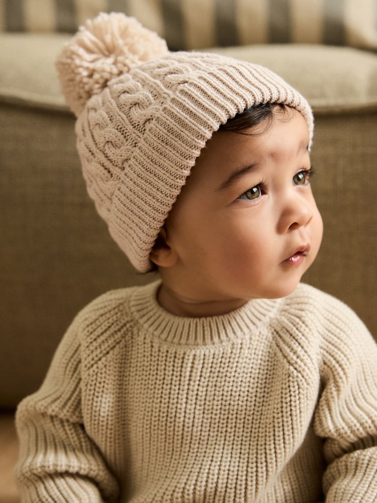 Cream Knitted Cable Pom Beanie - Size 50cm (First Size) - Cream
