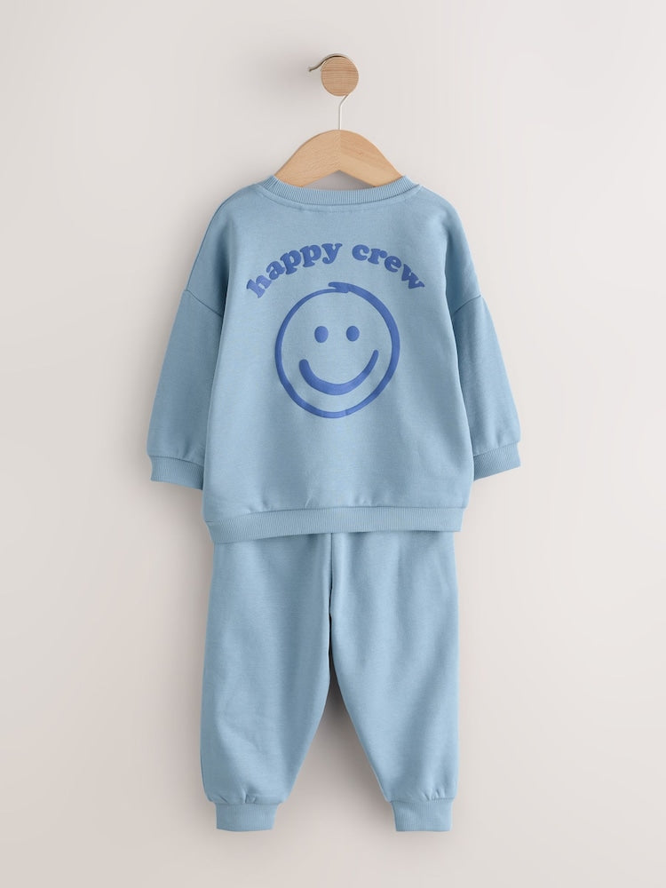 Light Blue Back Print Crew Neck Joggers Set (3mths-7yrs)