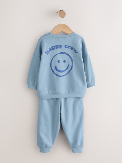 Light Blue Back Print Crew Neck Joggers Set (3mths-7yrs)