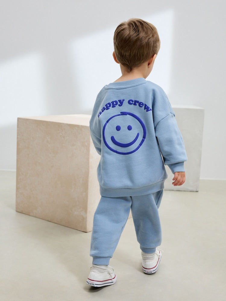 Light Blue Back Print Crew Neck Joggers Set (3mths-7yrs)