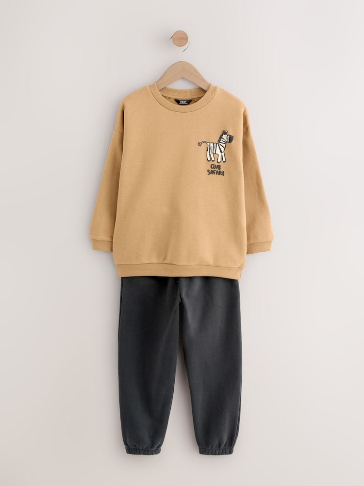 Tan/Ecru/Charcoal Grey 2 Pack Sweatshirt and Joggers Set (3mths-7yrs)