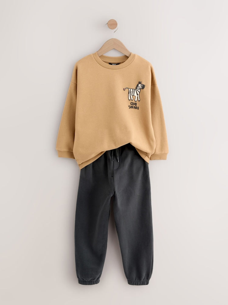 Tan/Ecru/Charcoal Grey 2 Pack Sweatshirt and Joggers Set (3mths-7yrs)
