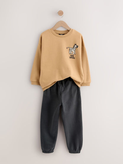 Tan/Ecru/Charcoal Grey 2 Pack Sweatshirt and Joggers Set (3mths-7yrs)