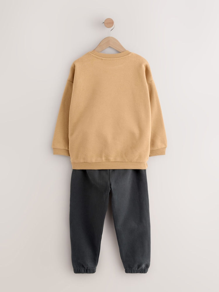 Tan/Ecru/Charcoal Grey 2 Pack Sweatshirt and Joggers Set (3mths-7yrs)