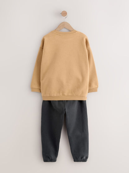 Tan/Ecru/Charcoal Grey 2 Pack Sweatshirt and Joggers Set (3mths-7yrs)