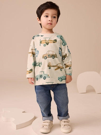 White Transport 100% Cotton Long Sleeve All-Over Print T-Shirt (3mths-7yrs)