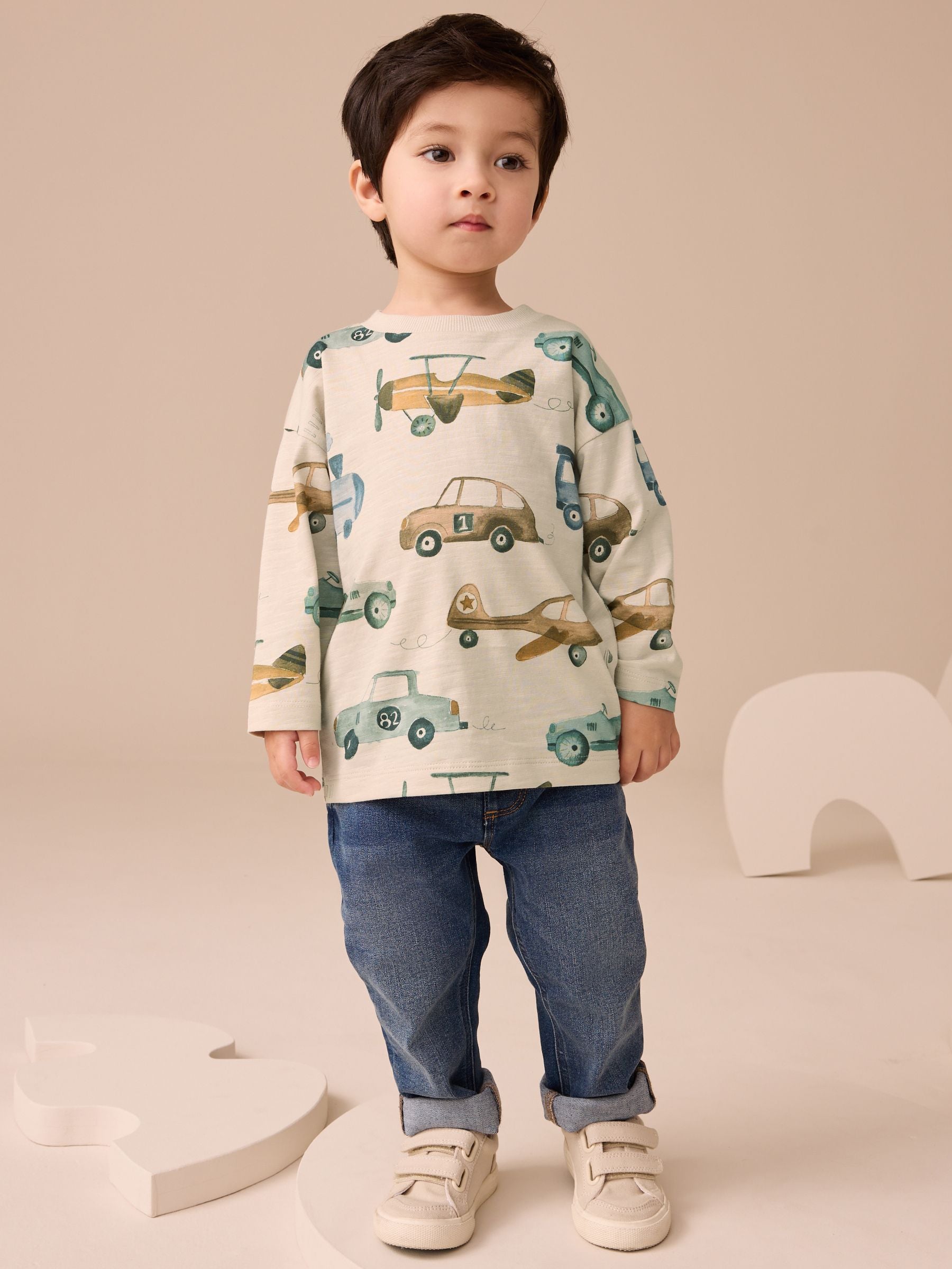 White Transport 100% Cotton Long Sleeve All-Over Print T-Shirt (3mths-7yrs) - Size 3-6 Months (62-68cm)