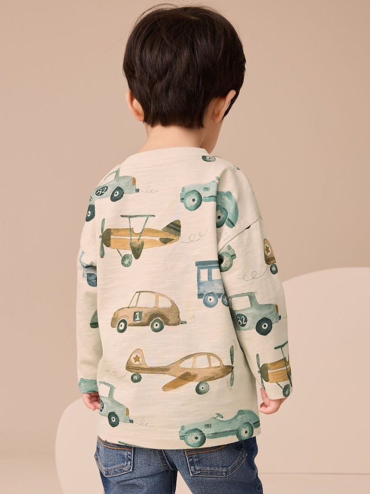 White Transport 100% Cotton Long Sleeve All-Over Print T-Shirt (3mths-7yrs)