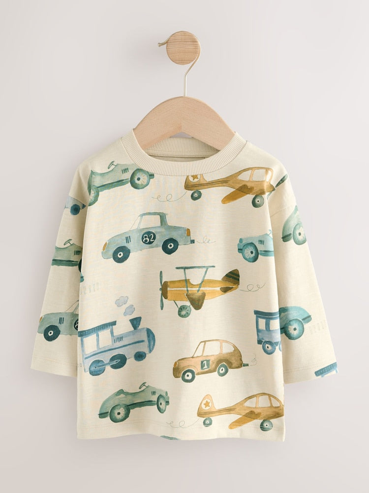 White Transport 100% Cotton Long Sleeve All-Over Print T-Shirt (3mths-7yrs)
