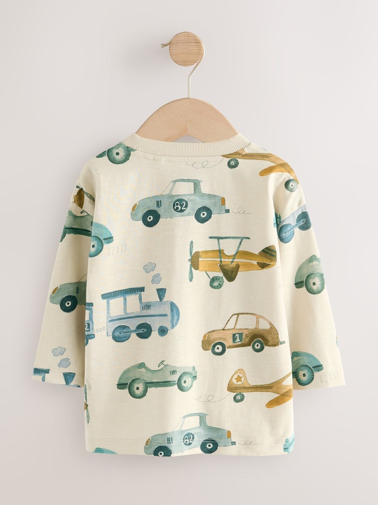 White Transport 100% Cotton Long Sleeve All-Over Print T-Shirt (3mths-7yrs)