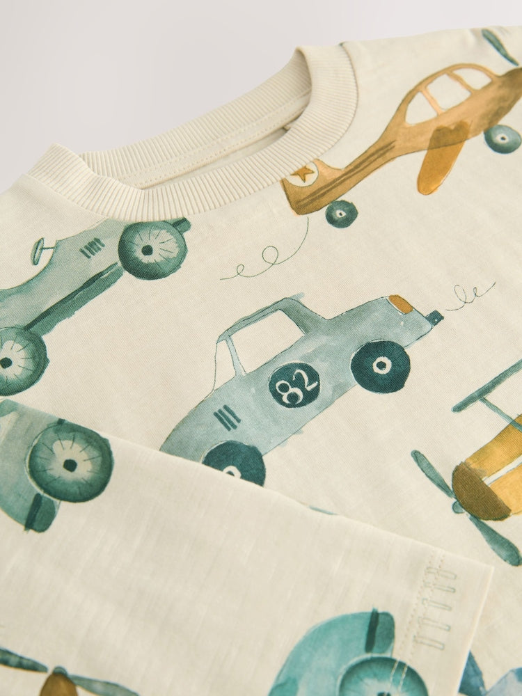 White Transport 100% Cotton Long Sleeve All-Over Print T-Shirt (3mths-7yrs)