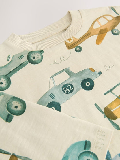 White Transport 100% Cotton Long Sleeve All-Over Print T-Shirt (3mths-7yrs) - Size 3-6 Months (62-68cm)