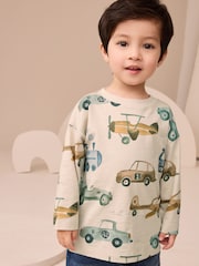 White Transport 100% Cotton Long Sleeve All-Over Print T-Shirt (3mths-7yrs) - Size 3-6 Months (62-68cm)