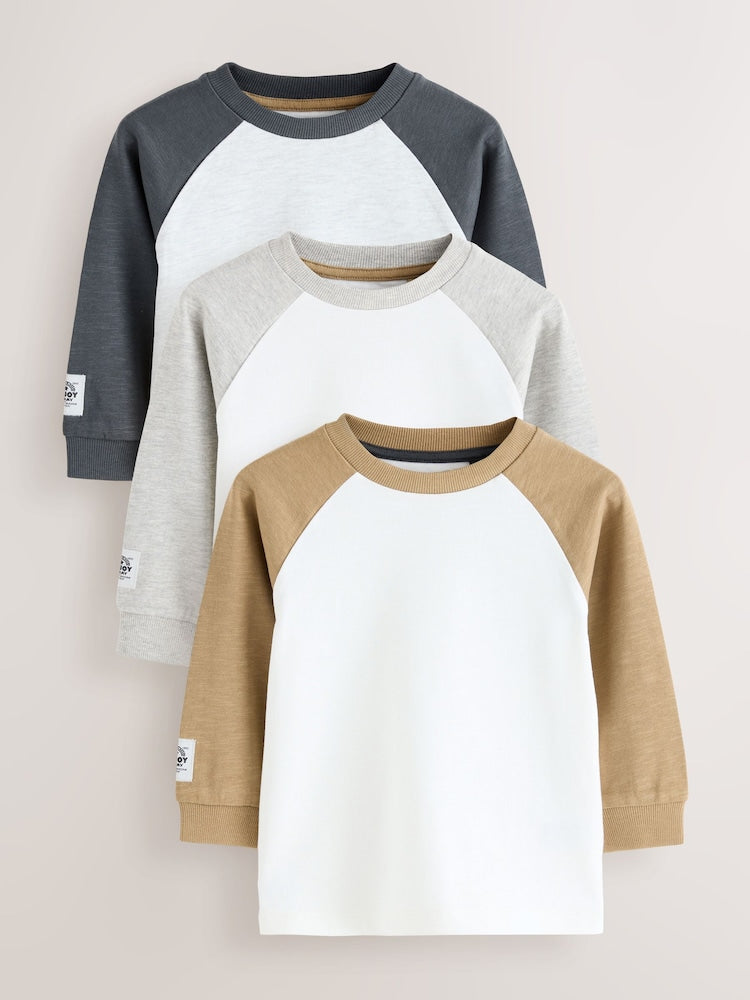 Grey Long Sleeve Raglan T-Shirts 3 Pack (3mths-7yrs)